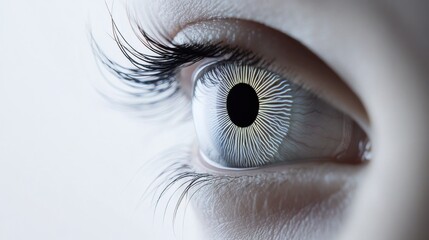 Poster - Close view of a human eye showcasing detailed iris patterns and striking eyelashes in soft lighting. Generative AI