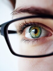 Aufkleber - Close up view of a human eye displaying intricate patterns and colors with glasses on an individual. Generative AI