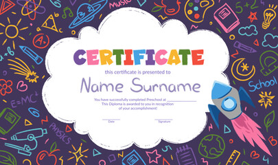 School diploma, certificate template with rocket for kids in kindergarten or primary grades. Cartoon vector illustration with doodle school objects, supplies, books, rocket, stars