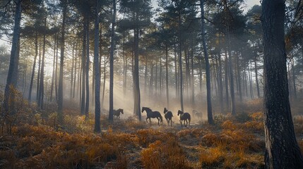 Wall Mural - Majestic horses in misty autumn forest at sunrise.