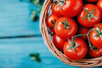 Wall Mural - Freshly harvested tomatoes in a wicker basket on a rustic wooden table surrounded by green herbs