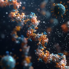 Aufkleber - Molecular RNA chain intertwined with viruses in a dynamic close up exploration of biological interaction. Generative AI