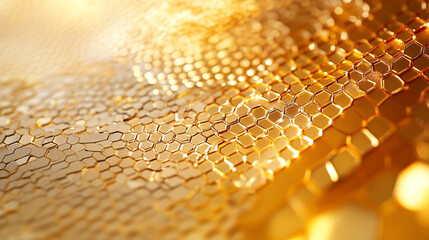 Close-up of golden hexagonal pattern with shimmering light and metallic texture