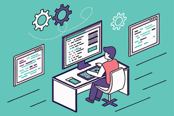 programmer, multiple computer screens, coding, software development, busy workspace, digital multitasking, information overload, tech office, flat design illustration, vibrant teal background, floatin