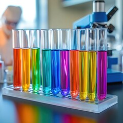 Aufkleber - Colorful test tubes arranged in a laboratory setting showcasing various chemical solutions under bright lights. Generative AI