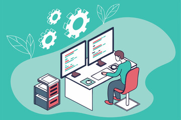 programmer, multiple computer screens, coding, software development, busy workspace, digital multita