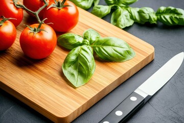 Wall Mural - Freshly harvested red tomatoes and vibrant basil leaves on a wooden cutting board with a knife in natural light