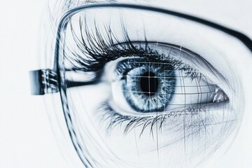 Poster - Close up view of a human eye with glasses and intricate details in natural light showcasing iris patterns. Generative AI