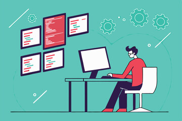 programmer, multiple computer screens, coding, software development, busy workspace, digital multitasking, information overload, tech office, flat design illustration, vibrant teal background, floatin