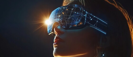 Wall Mural - Woman wearing futuristic VR headset, glowing network.