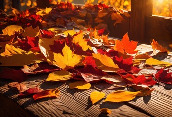 Wall Mural - vibrant fall leaves spreading across textured wooden table sunlit autumn scene, foliage, colorful, orange, yellow, green, rustic, seasonal, decor, nature