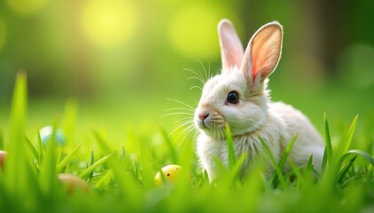 Fluffy Easter bunny hidden in tall green grass, green, wildlife, sunshine