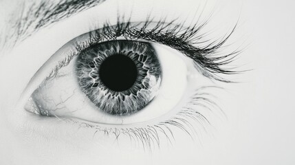 Poster - Close up view of a human eye showcasing intricate details and textures in a monochrome setting. Generative AI