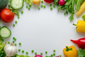 Wall Mural - Creative layout made of summer vegetables. Food concept. Tomatoes, onion, cucumber, green peas, garlic, cabbage, chilly pepper, yellow pepper, salad leaves and radish on white background	