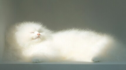 Wall Mural -  Fluffy white cat atop white table adjacent to white walls and gray background