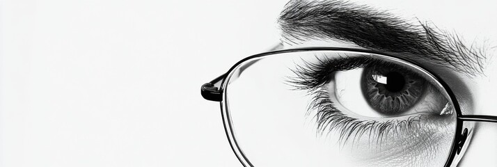 Poster - Close up view of a human eye with glasses reflecting light and exhibiting intricate details. Generative AI