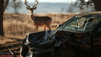 Closeup view of a vehicle s crumpled hood and shattered windshield following a collision with a deer on a rural road The deer is visible in the background
