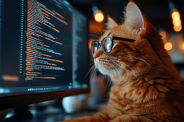 Ginger Cat Wearing Glasses Studying Code on Computer Screen