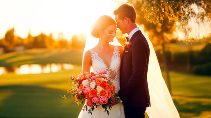 golden hour vows: a radiant couple embraces under the ethereal glow of a sunset, their love story il