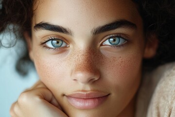 Poster - Close-up portrait of a young woman with striking blue eyes and curly hair, showcasing natural beauty and confidence