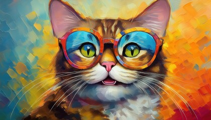  Whimsical Oil Painting of a Cheeky Cat in Glasses, Showcasing a Smile That Radiates Joy and Happiness Amidst Vibrant Colors