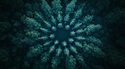 Wall Mural - Aerial view of a forest with trees forming a circular pattern.