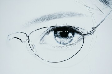 Poster - Close up view of a human eye wearing glasses reflecting light and detail in a serene setting. Generative AI