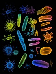Fototapete - Sequence showing various stages of evolving bacteria in vibrant colors under microscopic view. Generative AI