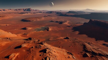 Wall Mural - landscape on planet Mars, scenic desert scene on the red planet (3d space illustration)