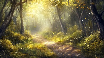 Wall Mural - Sunlit path winding through a mystical autumn forest, leaves falling.