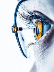 Poster - Close up view of a human eye with glasses highlighting details of iris and eyelashes under bright light. Generative AI