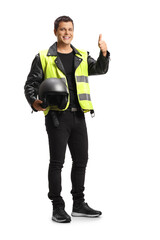 Poster - Man holding a motorbike helmet and traffic safety vest and gesturing thumbs up