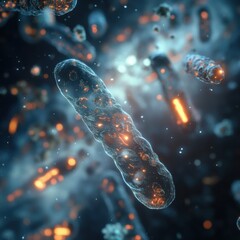 Fototapete - Microbial world in 3D showcasing colorful representation of various microorganisms with luminous details. Generative AI