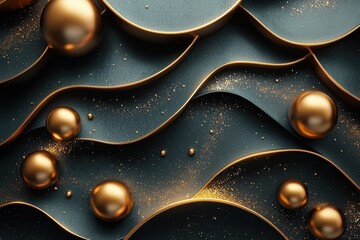 Wall Mural - modern abstract 3d design with dark green and gold theme