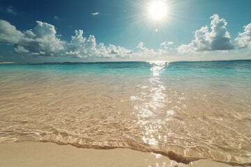 Poster - Pristine beach with gentle waves under a bright sun and fluffy clouds at midday