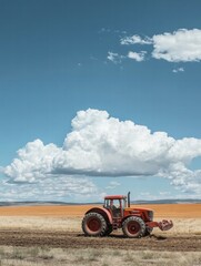 Aufkleber - Red tractor working on a plowed field under a blue sky with clouds and distant hills during daytime. Generative AI