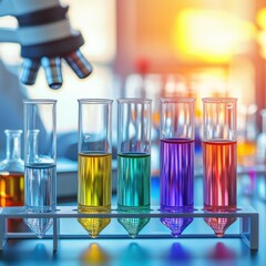 Aufkleber - Colorful test tubes and microscopes arranged in a modern laboratory for scientific research and experimentation. Generative AI