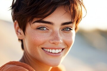 Wall Mural - Smiling young woman with short brown hair and freckles enjoying a sunny day at the beach during golden hour