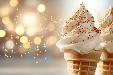 Soft serve ice cream cones topped with golden sprinkles surrounded by festive lights in a modern setting