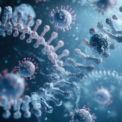 Aufkleber - Close up view of a molecular RNA chain surrounded by various viruses in a biological environment. Generative AI