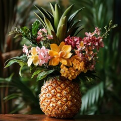 Poster - Bright and colorful pineapple centerpiece adorned with vibrant flowers placed in a tropical setting during daylight. Generative AI