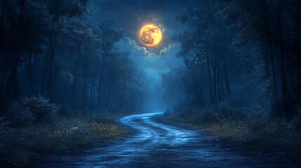 Wall Mural - background with glowing stars, night in the forest, moon and clouds