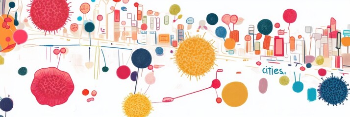 Aufkleber - Colorful map featuring playful bacteria colonies labeled as cities showcases a vibrant and imaginative representation of microbiology. Generative AI