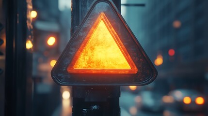 A diamond-shaped signal with a glowing orange caution triangle 