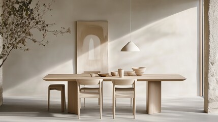 Aufkleber - A white and tan room with a large wooden table and chairs. The table is surrounded by chairs and a bowl of fruit is on the table. The room has a simple and clean design