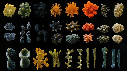 Fototapete - Sequence of evolving bacteria showcasing diverse shapes and structures over time in a laboratory setting. Generative AI