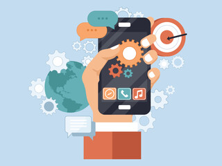Wall Mural - application development icon. concept to building successful business. mobile phone and gears on the