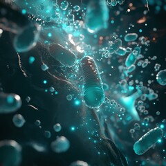 Fototapete - Exploration of vibrant 3D microbes within a dynamic aquatic environment during an unseen moment. Generative AI