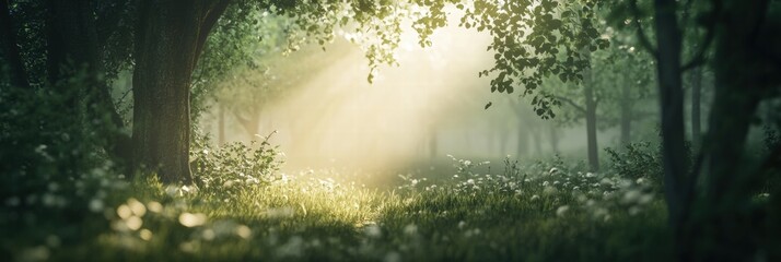 Fototapete - Sunlight filters through lush green trees in a tranquil forest setting during a peaceful afternoon. Generative AI
