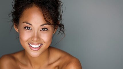 Wall Mural - Vibrant portrait of a cheerful Asian woman with short dark hair, exuding joy against a sleek gray backdrop.